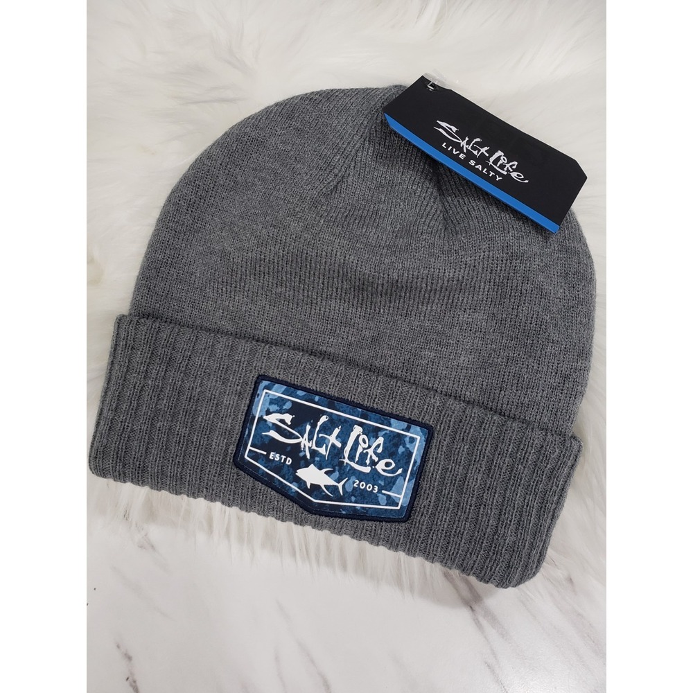 NEW Salt‎ Life AQUA BADGE Gray Knit Beanie Logo Mens Gift Beach Life Ocean